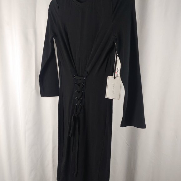 1 State - Lace-up Three-Quarter-Sleeve Dress-BLACK-X-Small - Picture 3 of 5